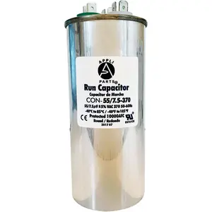 Appli Parts Dual Run Capacitor for ac 55+7.5 Mfd uF (microfarads) 370VAC CBB65 Round Universal fit for hvac and other applications 5-1/4in Height 2-1/4in Wide CON-55/7.5-370-R