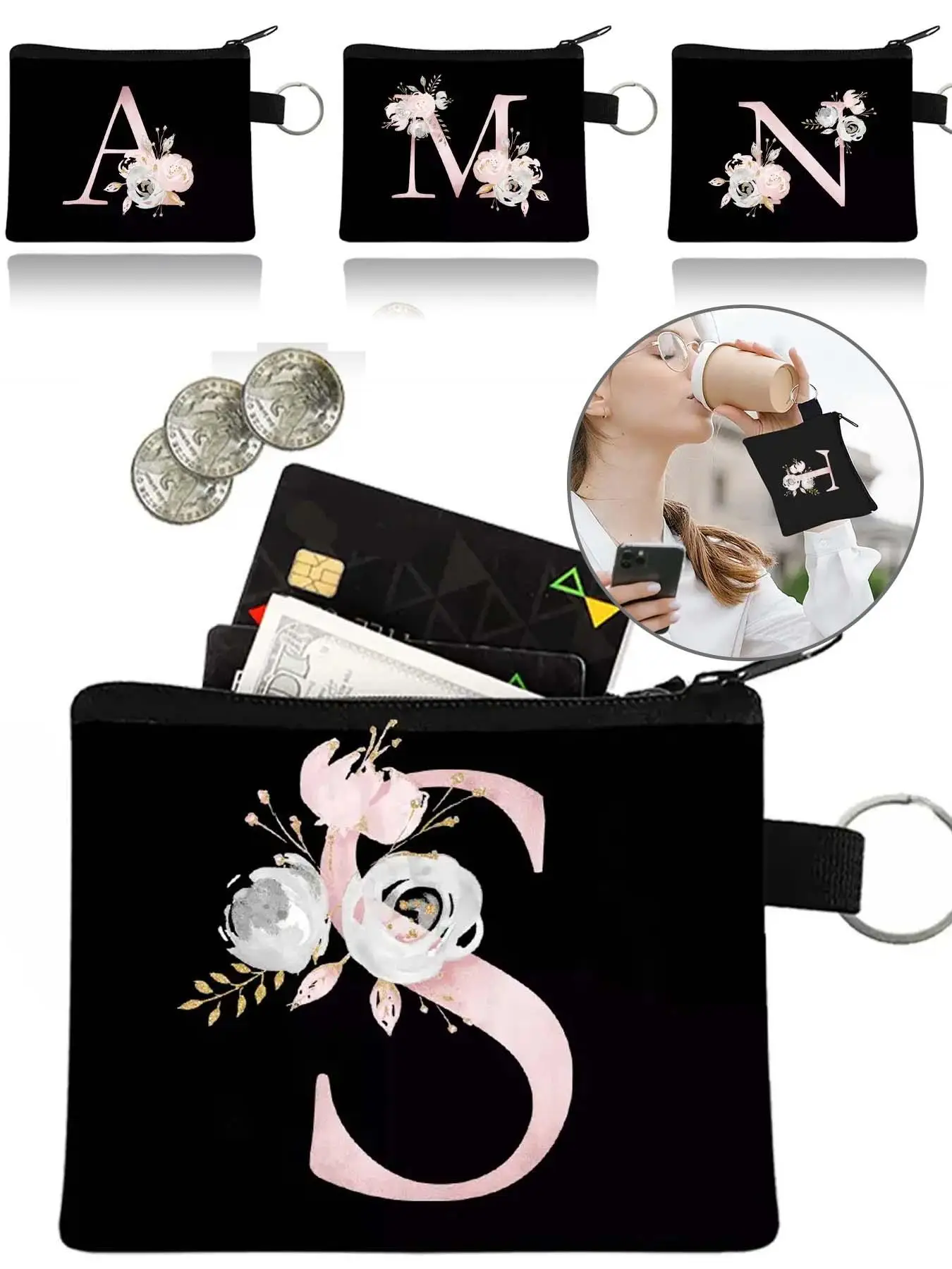 Women's Letter & Floral Pattern Zipper Wallet, Casual Coin Purse Wristlet for Daily Used, Simple Female Wristlet Wallet for Women & Girls