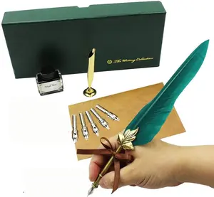 Quill Pen and Ink Set-Vintage Feather Pen with Holder,5pc Metal Pen Nib Writing Calligraphy Pen Set Gift Storage Box (Green Feather Pen)