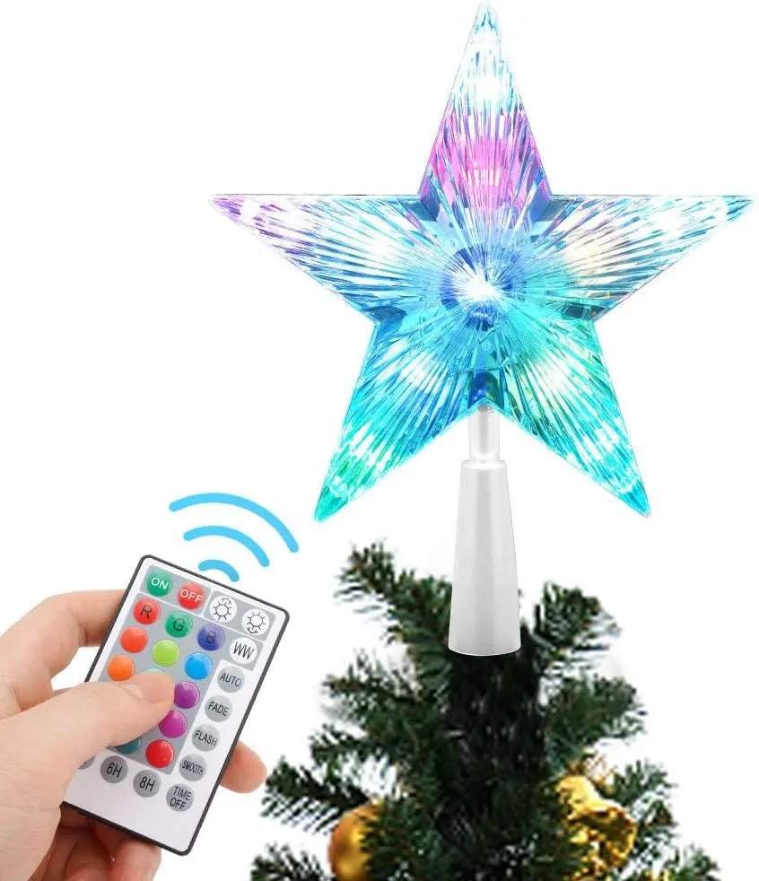 Christmas Tree Topper Star 7" LED Lighted Star Tree Top with Remote Control, 5-Point Star RGB Night Light Treetop, Small Xmas Tree Decor for Christmas, USB Plug in/Wire 9.84Ft