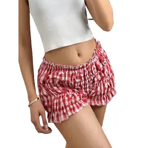 SHEIN EZwear Bubble Checkered Lantern Shorts For Women, Simple And Casual Style Fabric Fit summer bottoms