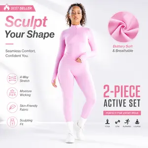 【Limited Stock】With Logo DFYNE |  Top & Leggings Set-Women’s Quarter Zip 2 Piece Gym Set Long Sleeve Crop Top with High Waist Leggings Yoga Workout Running Activewear Outfit