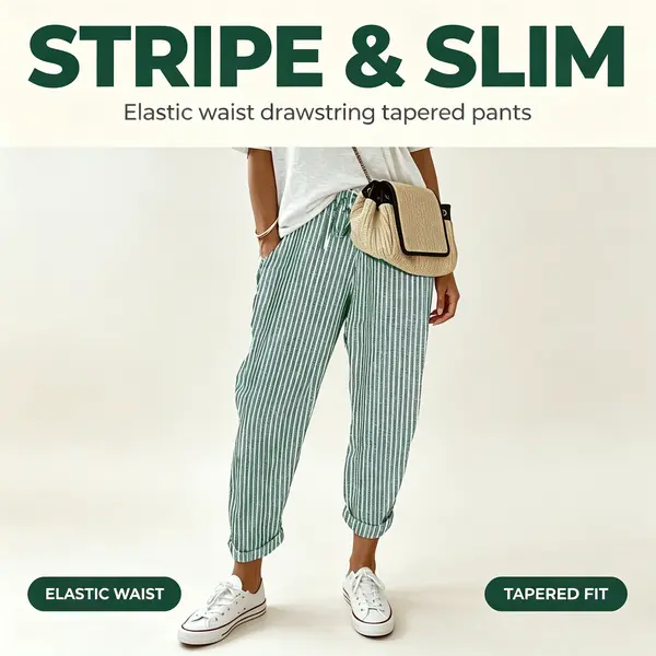 Women's Vertical Stripe Elastic Waist Drawstring Tapered Pants with Pockets, Casual Ankle Length Rolled Cuff Trousers