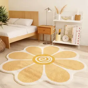 1pc Ins American Pastoral Style Bedroom Decoration Plush Rug Cute Fresh Yellow Flowers Round Floral Rug Living Room Washable Carpet French Cream Style Fluffy and Soft Cloakroom Non-slip Rug Natural and Warm Outdoor Balcony Foot Mat
