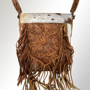American Darling Messenger Bag Hand Tooled Floral Carved Leather Hair-On Cowhide with Fringes Western Purse