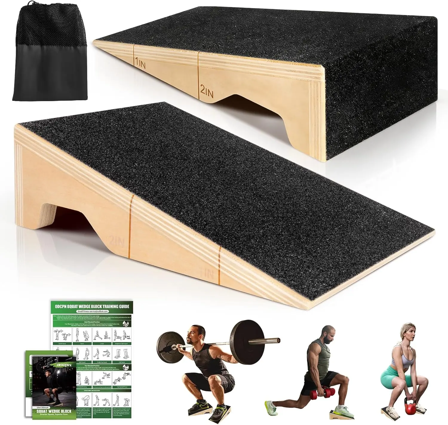 Squat Wedge Block, 2 Pcs Non-Slip Wooden Squat Wedge for Heel Elevation & Weightlifting with Training Poster & Storage, 1800 Lbs Capacity Exercise Slant Board for Calf Stretching & Ankle Mobility
