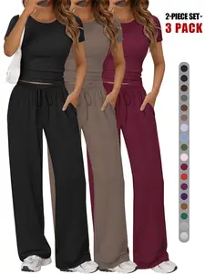 Women’s 2 Piece Short Sleeve Set, Fitted Crop Top & Drawstring Wide Leg Pants, Slim-Fitting Casual for All Seasons