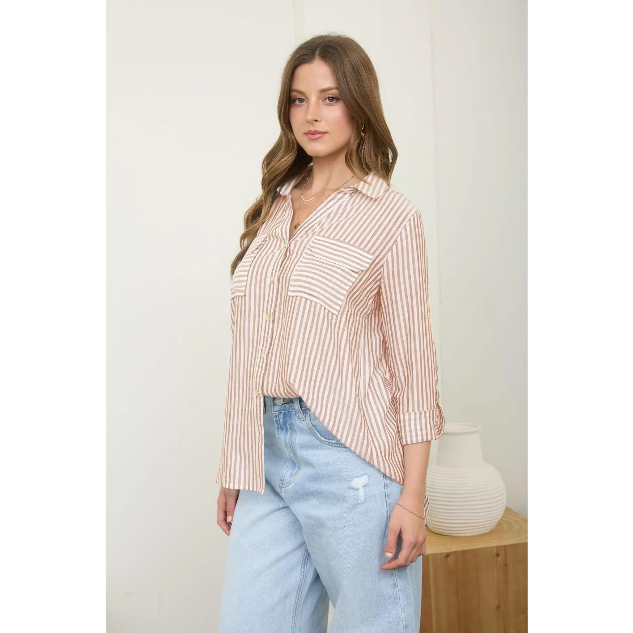Women's Casual Peach Striped Button Down Shirt, Lightweight 100% Rayon Top with Long Roll-Tab Sleeves and Chest Pockets, Shirts, Tops, Blouse, Long Sleeve