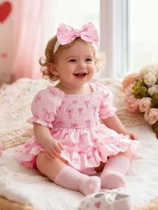 Vintage Sweet Baby Girls Summer Bow Print Design Dress, Cute for Outdoor Wear, Adorable Toddler Clothing