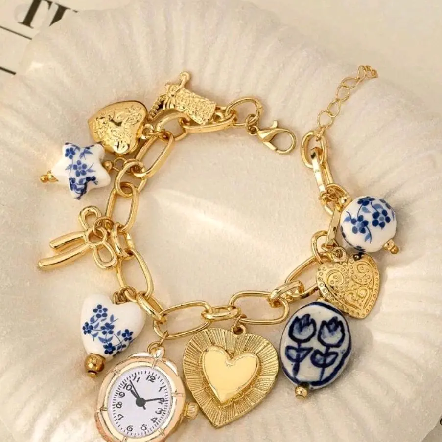 Charm Bracelet With Faux Clock Heart Locket Bow Ceramic Charms Cowgirl Boots Bowknot Bracelets Jewelry Ceramic Print Pattern Details May Vary