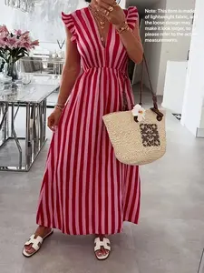 New Fashion Elegant Chic Vertical Striped Back Tie V Neck Butterfly Sleeve Long Dress, Summer Vacation Beach Women's Long Dress, Stripes
