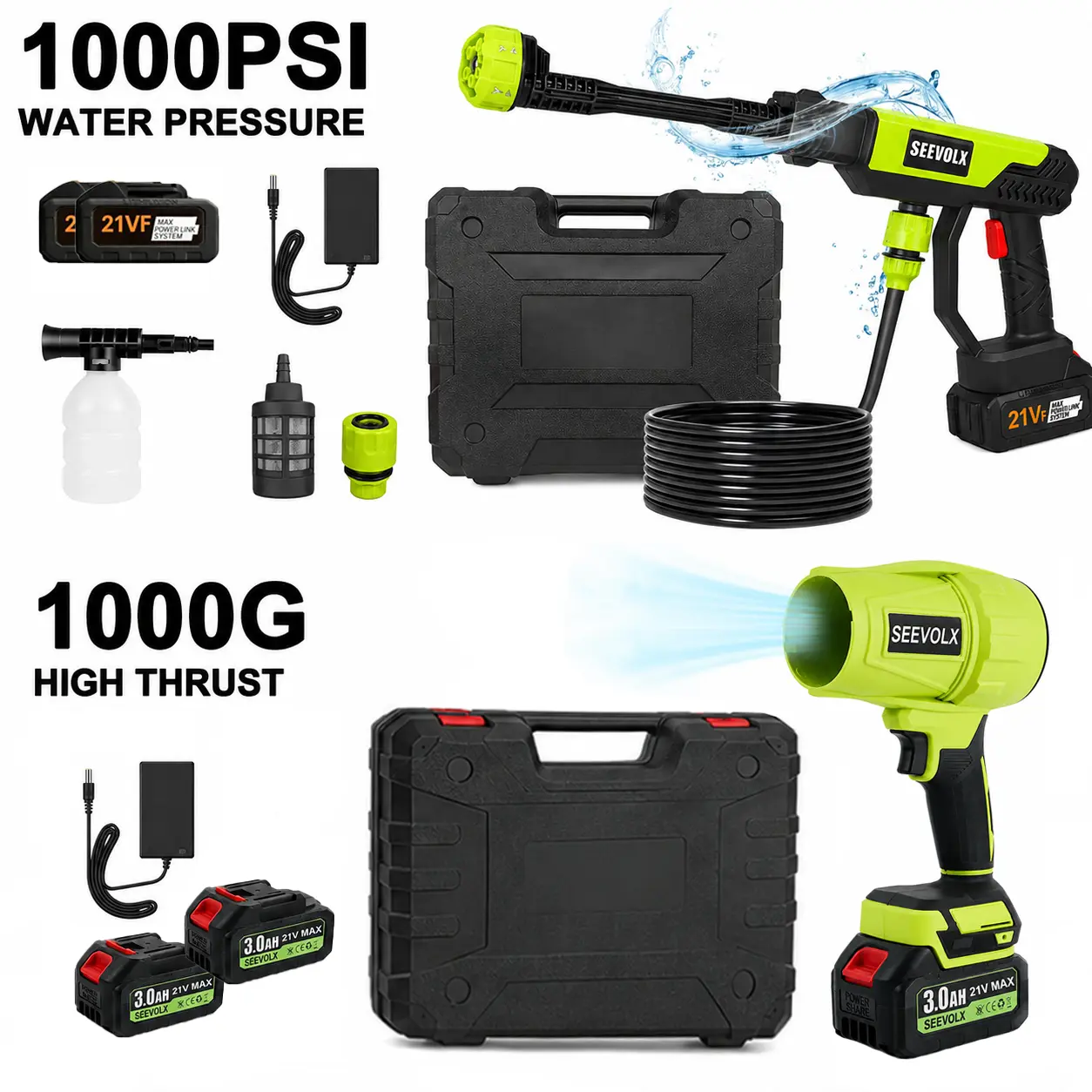 SEEVOLX 21V Cordless Car Washer Cleaner Kit - Batteries-Powered Handheld High-Pressure Waterjet Exterior Wash Pressure Washer (1000 PSI), 1000G Turbo Leaf Blower, Air Duster for Patio, Handheld Car Wash