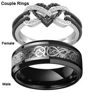Romantic Heart Couple Rings - Black Cubic Zirconia Engagement & Wedding Ring Valentine's Day Jewelry Gift for Girlfriend Boyfriend Fiance Trendy Jewellery Accessories