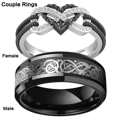 Unisex Heart Stackable Ring Set - Durable Hypoallergenic Stainless Steel, Cubic Zirconia CZ, Black Matching BF and GF Promise Rings, Adult Valentine's Day Gifts