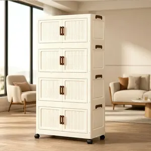 Modular Stackable Storage Cabinet, Rolling Lidded Storage Containers with Wheels, Collapsible Drawer Storage Bins for Clothes, Toys, Bedroom, Dorm Room Organization, Cream White