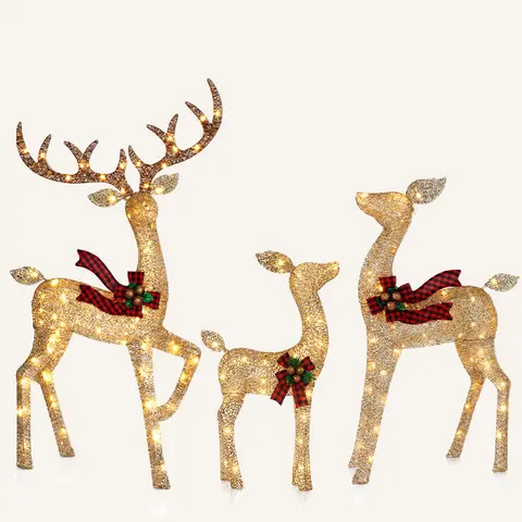 NAVINE 3-Piece 4.8ft Tall Durable Metal 3D Lighted Reindeer Family Set, 210 LED Lights, Red Bows, 12 Ground Stakes, Waterproof Easy-Install Floor-Mount Outdoor Festive Decor, Outside Christmas Decorations