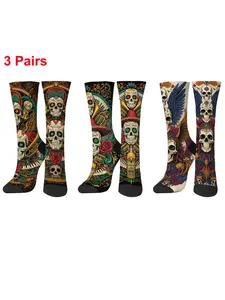 3 Pairs of Harajuku Style Day of the Dead Sugar Skull Pattern Mid-Calf Socks for Men and Women - Casual, Streetwear Hip Hop Socks, Comfortable, Breathable, Non-Slip Crew, Athletic Socks for Home, Sports, Parties, and Holiday Gifts