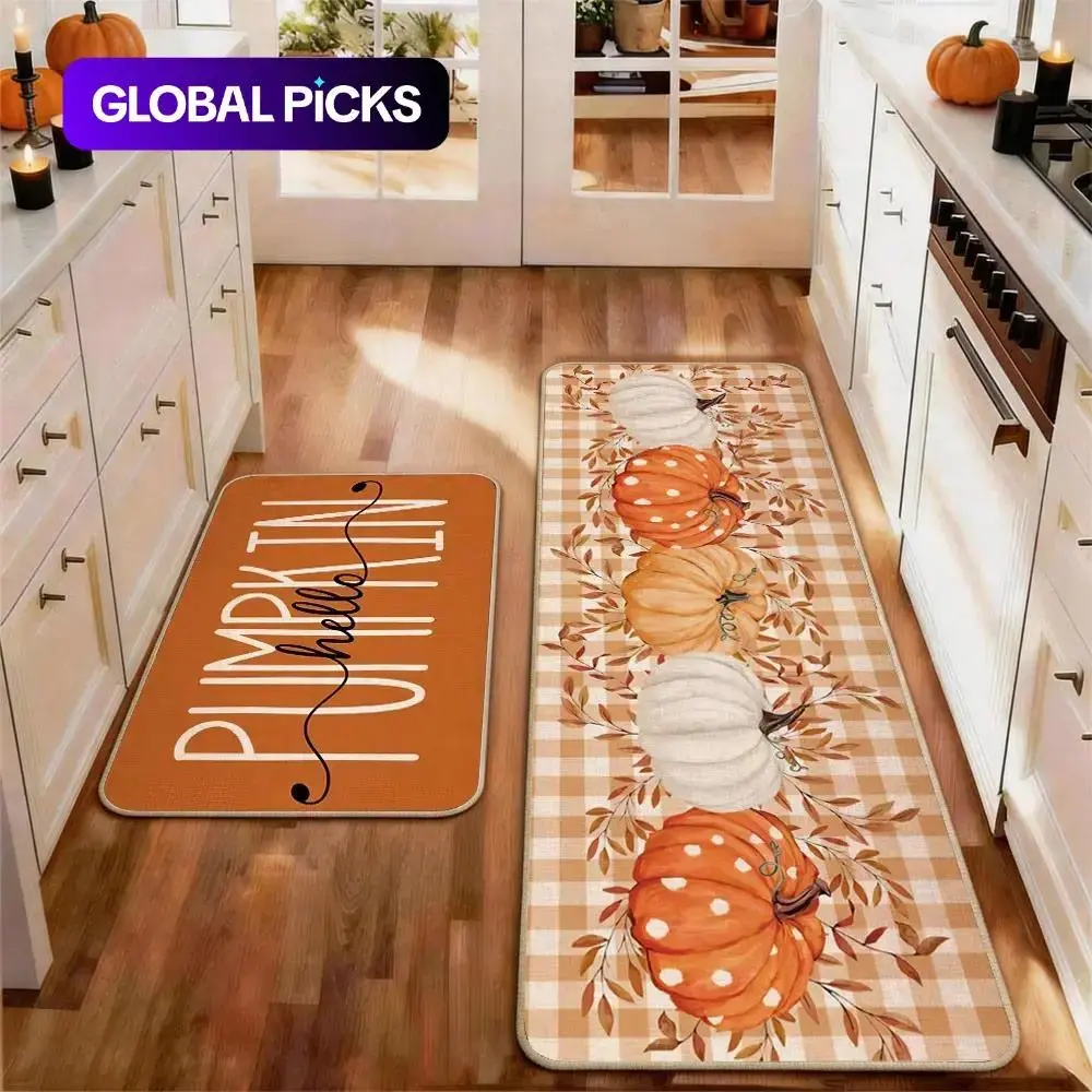 Farmhouse Kitchen Rugs Set, 1-2 Piece Fall Thanksgiving Pumpkin Maple Leaf 2D Flat Print Flannel Mats, Non-Slip Easy-Clean Decor for Kitchen, Dining Room,Washable,Abstract,Grey,Area,new,oriental,floor,ideal,home,retro,soft,indoor,Vintage,Foldable,Pattern,
