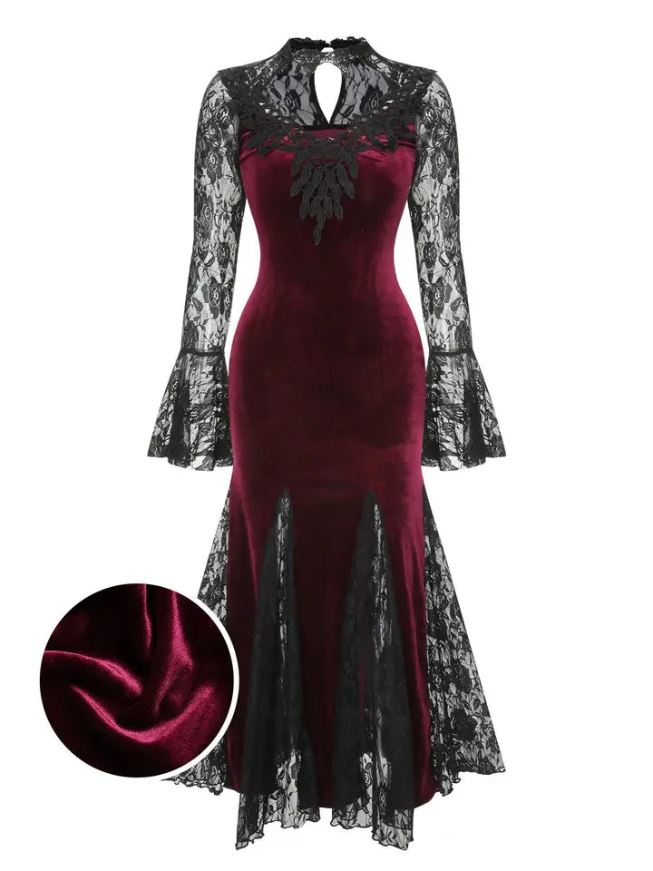 Wine Red 1930s Lace Long Sleeve Fishtail Dress