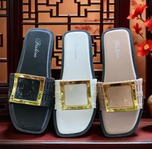 Women's Elegant Open-Toe Flat-Heel Slide Sandals with Gold Buckle, Slide-On Casual Footwear for Daily Summer Casual Wear, Women's Shoe