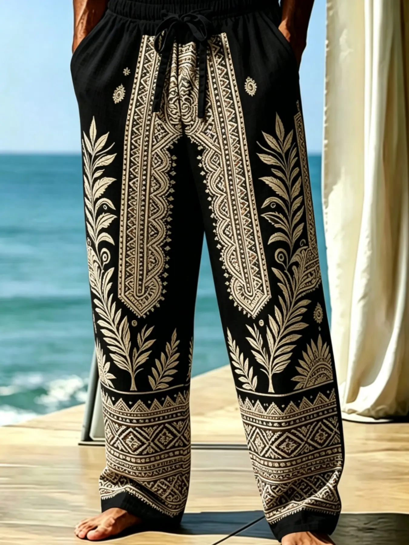 Men's Ethnic Boho Print Linen Pants, Loose-Fitting Long Beachwear, Holiday Style, All Seasons, Casual Men's Trousers, Bohemian Style Pants