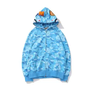 Double-Capped Shark Head Hoodie for Men Autumn Winter Fleece Lined Youth Cardigan with Zipper Long Sleeve Stylish Design Blue Camo