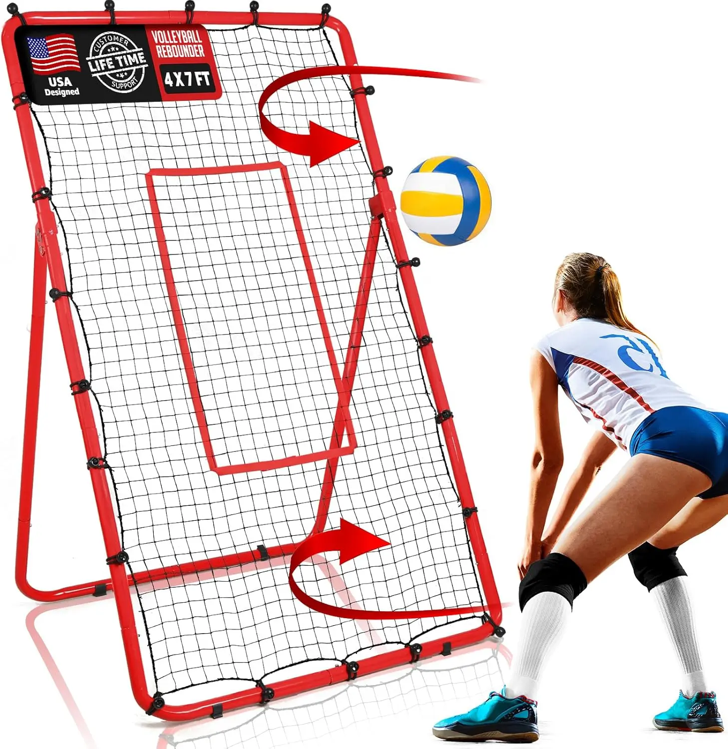Volleyball Rebounder 6-Angle Adjustable 4x7 FT with Steel Frame & High-Tension PE Netting for Setting Spiking Bumping Practice Enhancer