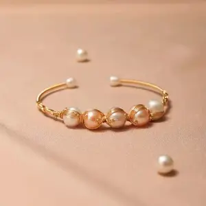 Freshwater Pearl Bangle with Natural Unqiue Pearls Gold-Tone Wire Wrapped Bracelet for Women