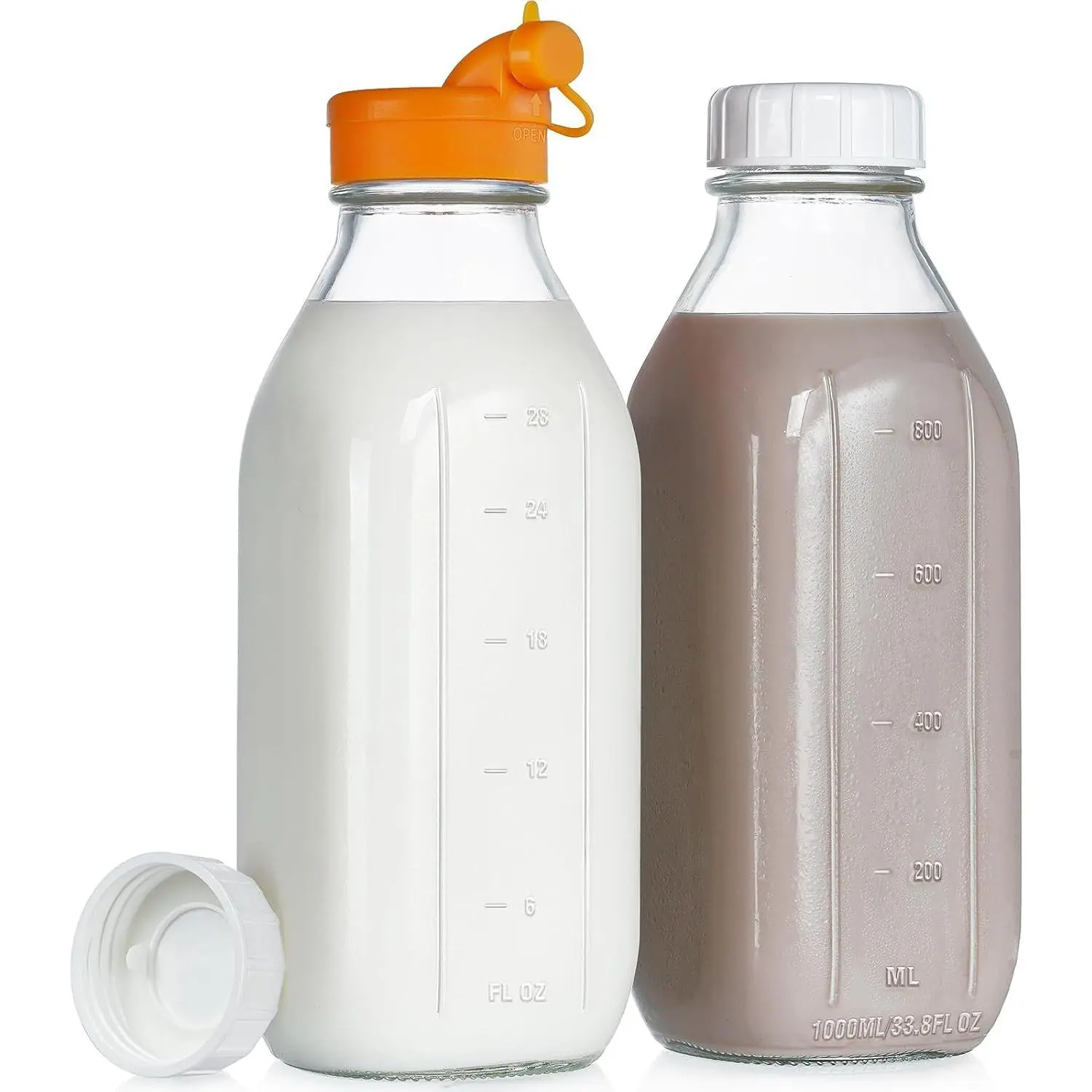 2-Pack 32oz Food-Grade Reusable Glass Milk Bottles - Silicone Dispenser Cap, Airtight Screw Lid, Leak-Proof, Fridge-Safe with Scale for Breastfeeding Storage, Juice Storage, Fridge Tin Organiser