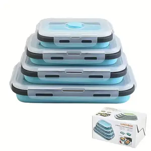 Foldable, Stackable and Collapsible Lunch Box Set, 4 Counts/set Reusable Food Storage Container with Lid, Portable Bento Box for Outdoor Camping Picnic