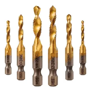 6Pcs Titanium Combination Drill and Tap Bit Set, Metric Drill Tap Bits Screw Tapping Bit Tool 1/4" Hex Shank 3 Functions in 1