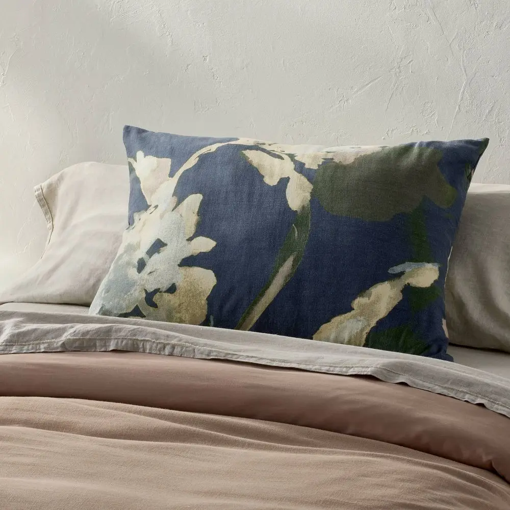 Casaluna King Euro Decorative Pillow - Heavyweight Linen Blend Fabric Weave, Navy Floral Print