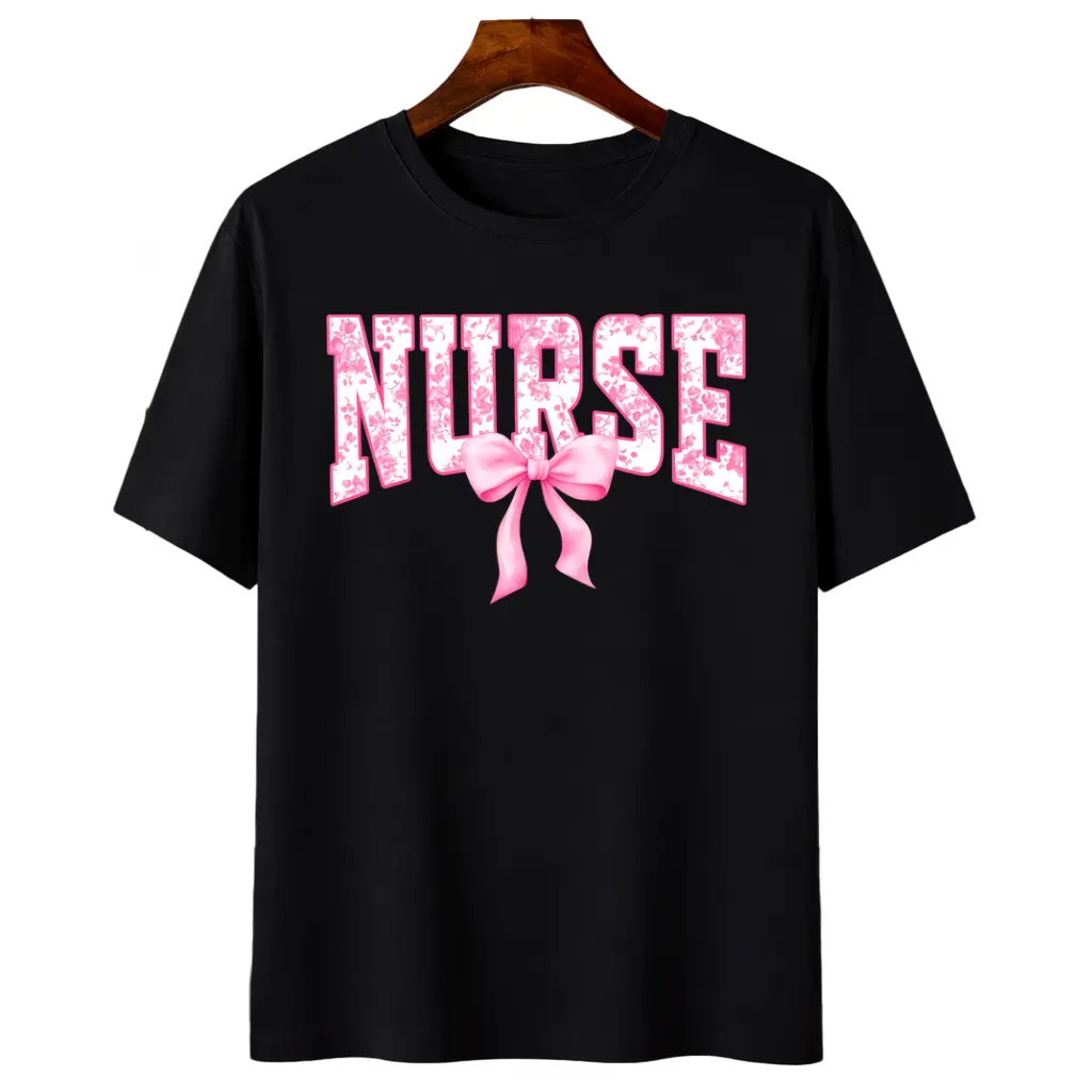 Nurse Bow Shirt, Pink Coquette Nurse TShirt, Nurse Gift For Women, Nurse Floral Tee, Toile de Jouy Registered Nurse Shirt, Casual Cotton Graphic Tee