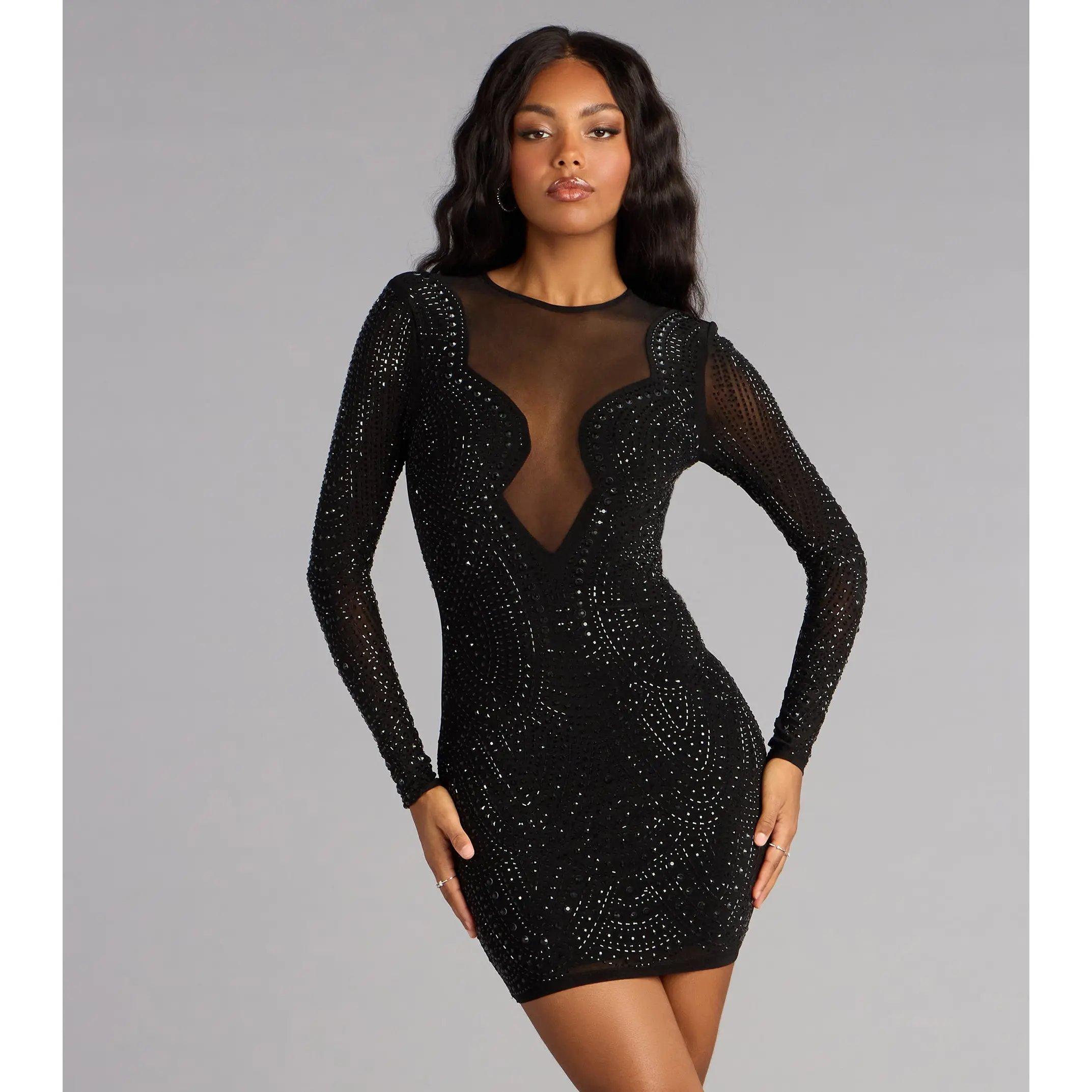 Hilary Rhinestone Mesh Party Mini Dress