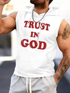 Trust in God Faith Slogan Print Sleeveless Hooded Vest for Men, Summer Fashion Religious Style, Sporty Geometric Pattern