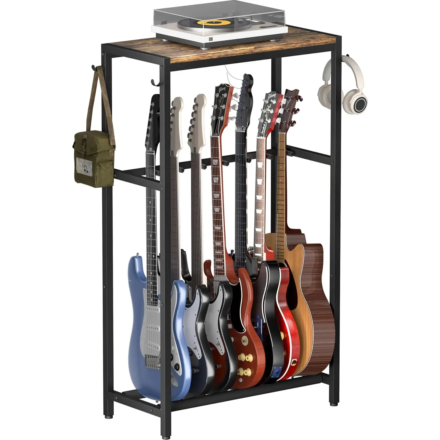 Guitar Stand, Multiple Guitar Rack Holder with Top Storage Shelf for Acoustic, Electric Guitar, Bass, Guitars Display Rack for 7 String Instruments, for Home, Stage, Studio Music Room, Black