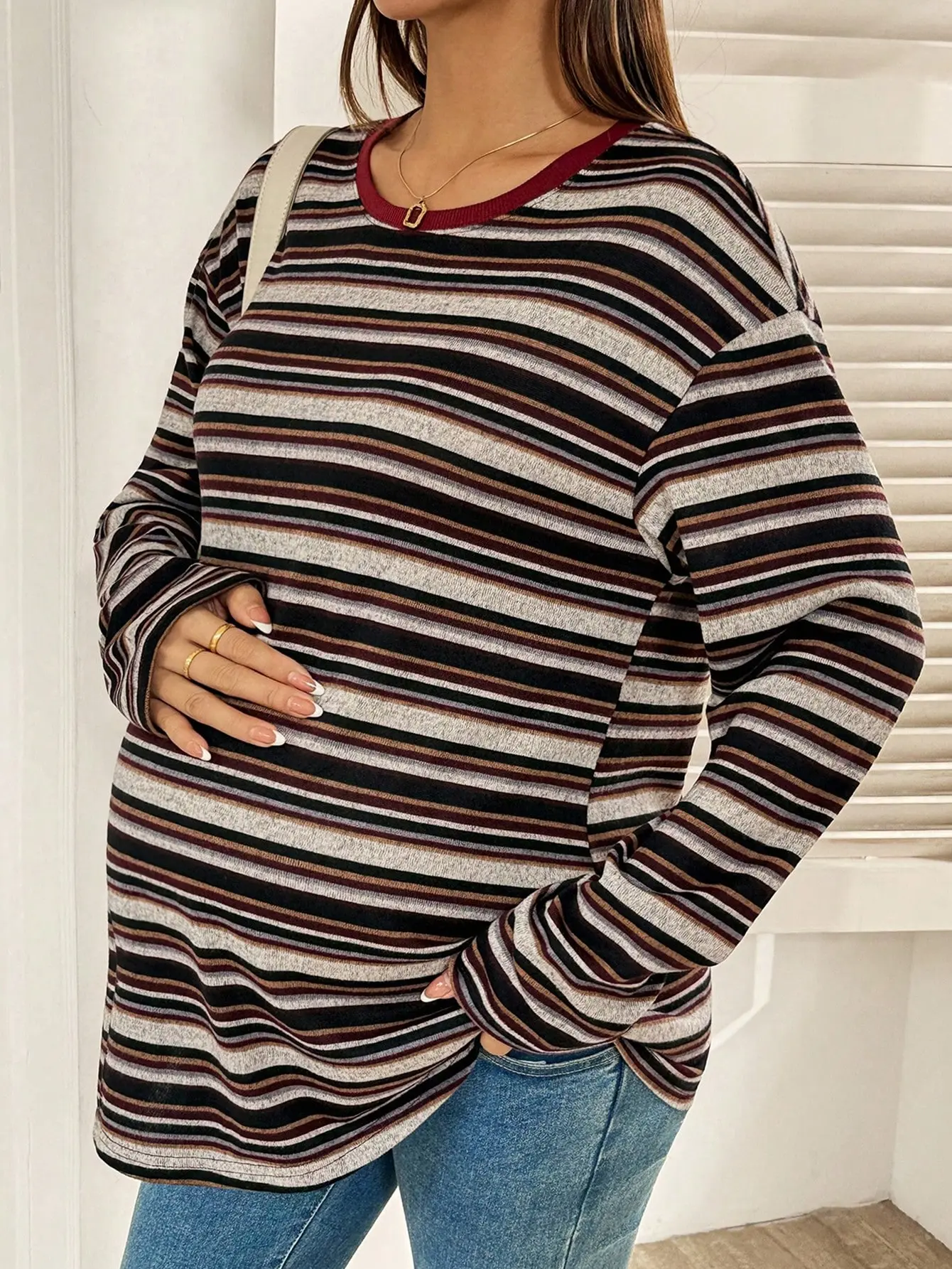 LALUZ Autumn Maternity Casual T-Shirt Striped Round Neck Drop Shoulder Long Sleeve Loose Fit Plus Size Black Everyday Pregnancy Style
