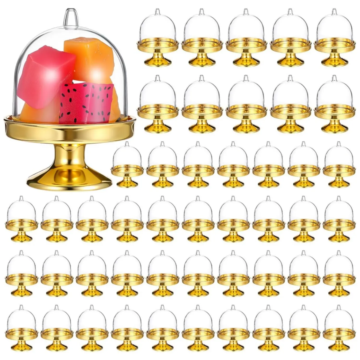 24 Pack Mini Cake Stand with Dome, Gold Base Mini Donut Domes & Tiny Cake Stand for Cupcakes, Desserts, Candy Display - Perfect for Weddings, Birthdays, Party Bakeware