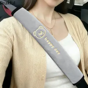 Plush Bear Embroidered Car Seat Belt Cover, Popular "Happy Day" Print Seatbelt Shoulder Cushion, Cozy Soft Auto Safety Belt Protector Pad, durable washable material & snug fit design, great for daily driving comfort, passenger use and cute vehicle styling