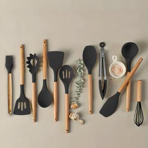 silicone kitchen utensil set, 11pcs non-stick cooking utensils with wooden handle, modern kitchen cookware sets, cooking spoons tools for daily use, 2024 kitchen gadgets, kitchen accessories, home essentials, kitchenware, silicone spatula set