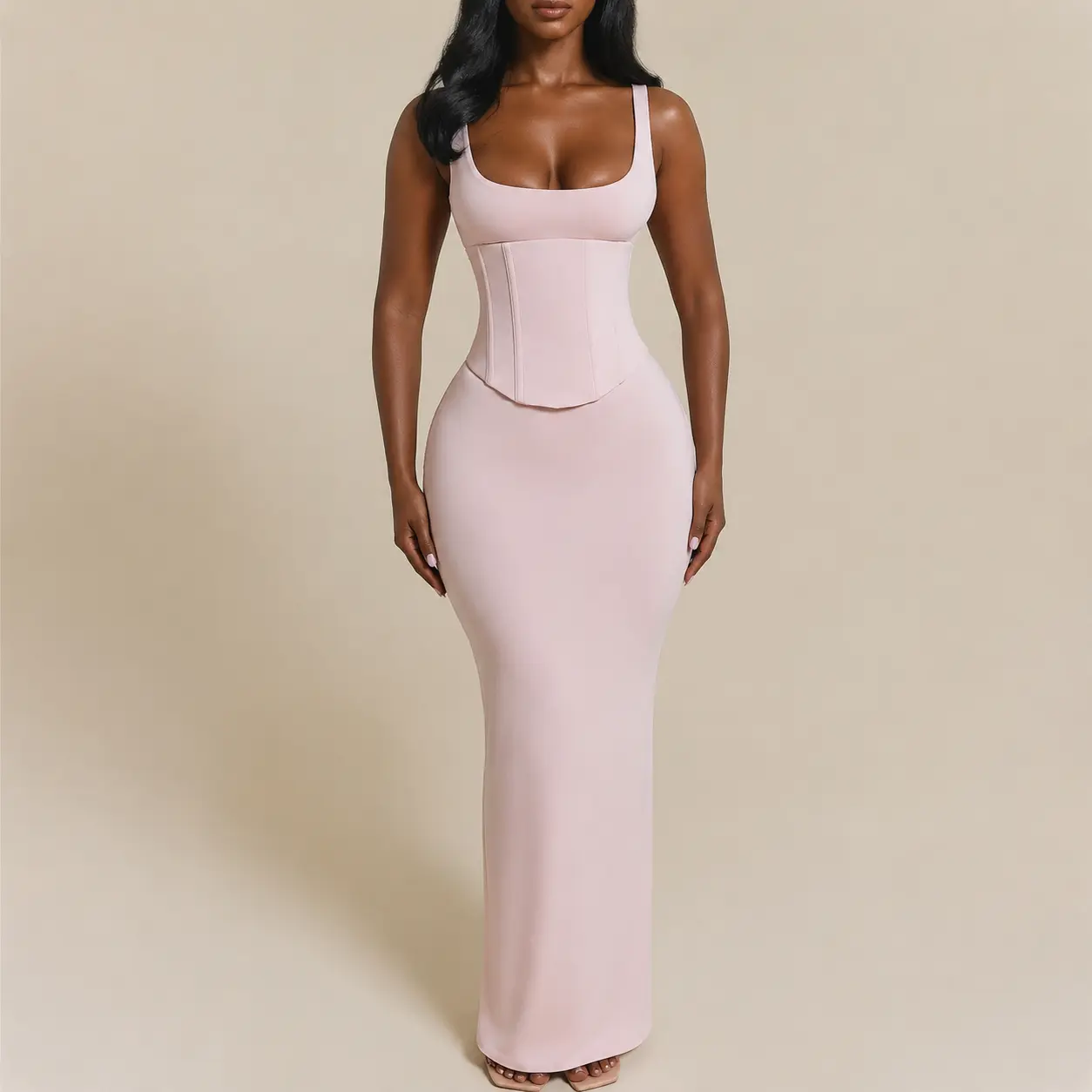 ChicCurve Women's Elegant Pink Scoop Neck Maxi Dress with Matching Corset Set, Sexy Sleeveless Bodycon Long Dress with Lace-Up Waist Cincher, Chic 2 Piece Outfit for Evening Party & Clubwear