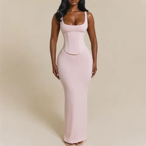 ChicCurve Women's Elegant Pink Scoop Neck Maxi Dress with Matching Corset Set, Sexy Sleeveless Bodycon Long Dress with Lace-Up Waist Cincher, Chic 2 Piece Outfit for Evening Party & Clubwear