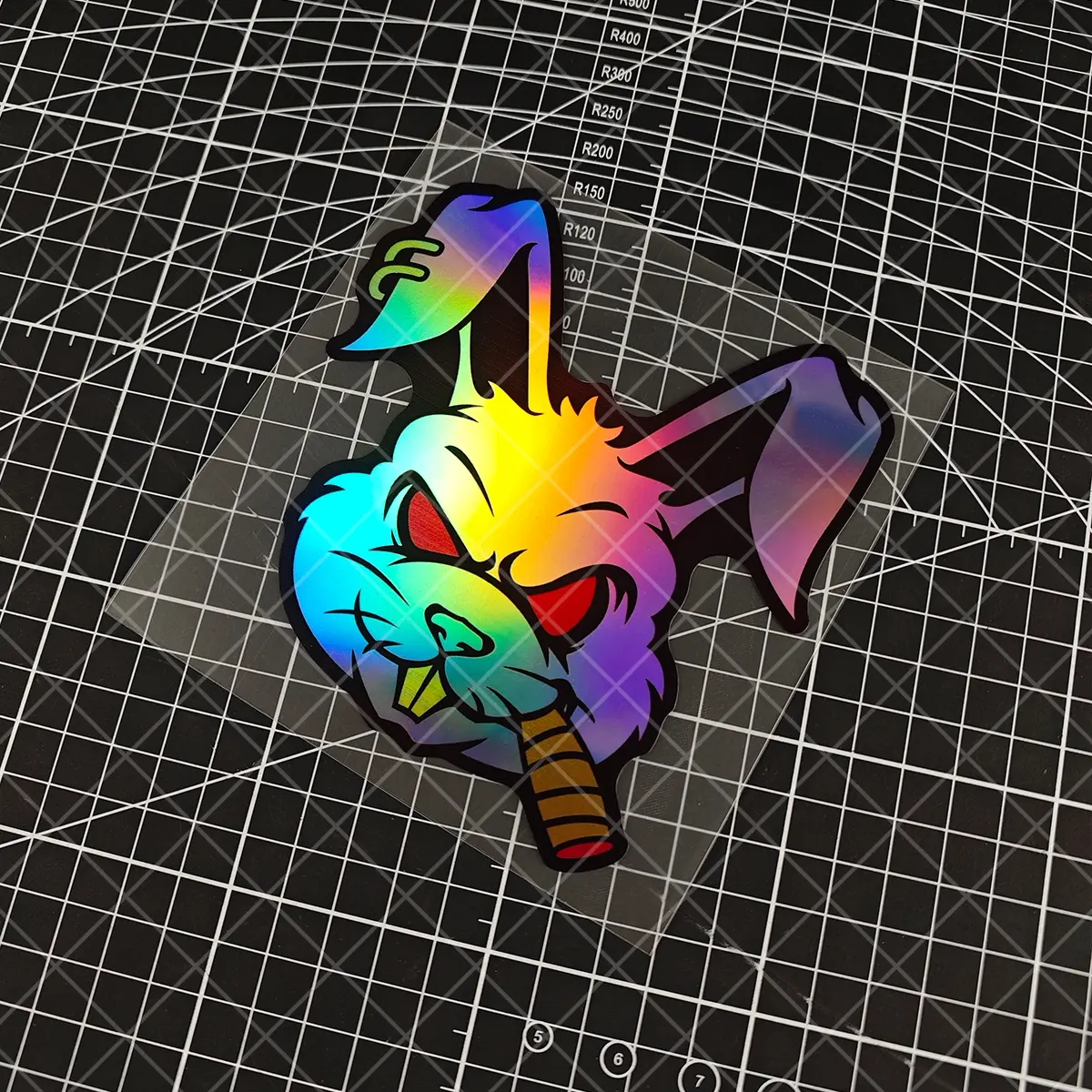 Evil Rabbit Sticker Waterproof Vinyl Material, Glowing Eyes Rainbow Gradient Design, Laser Cut Theme for Motorcycles Cars Laptops, Car Stickers, Car Decals