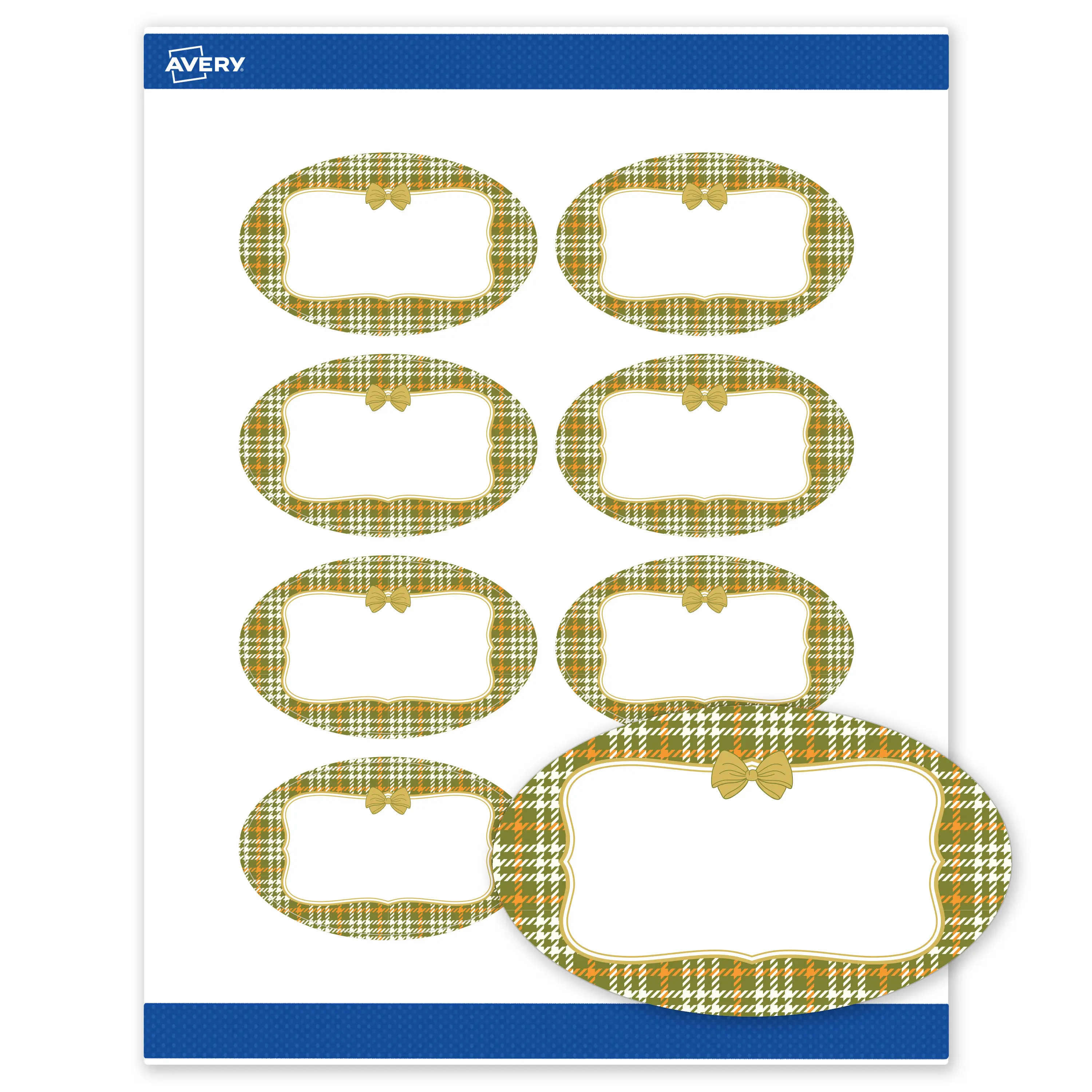 Avery® Printable Oval Labels, 2" x 3-1/3", Matte White, Pre-printed Metallic Gold Houndstooth & Bow Design, Sure Feed® Technology, Laser/Inkjet Compatible, 80 Total, Great for Thanksgiving Branding
