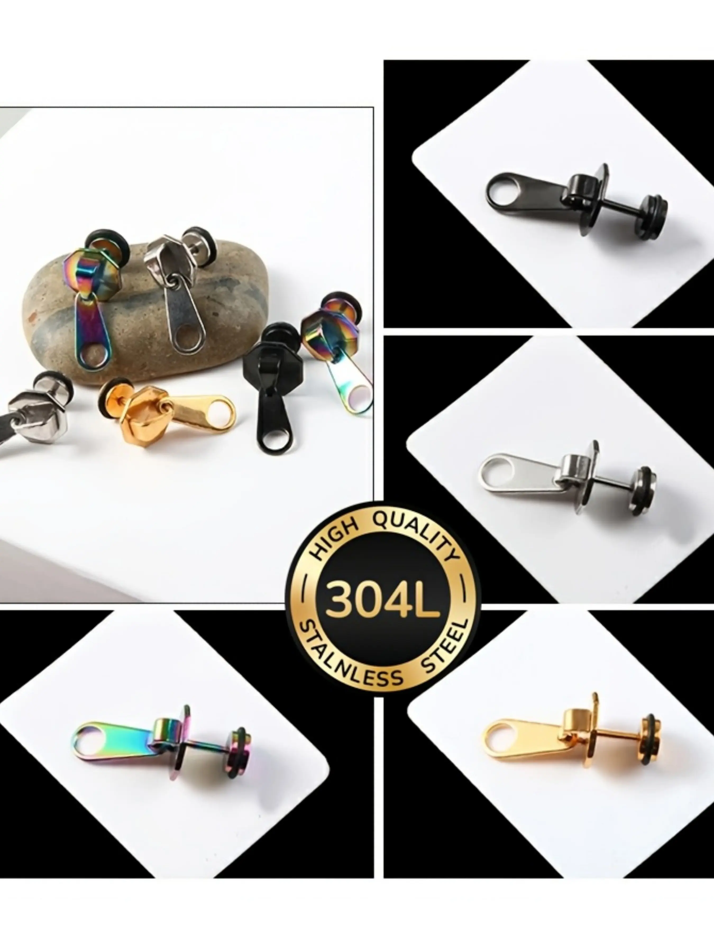 Stainless Steel Zipper Head Stud Earrings, Unisex Gothic Avant-Garde Design, Hypoallergenic & Durable, Ideal for Parties & Daily Use