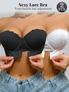 2PCS Strapless Lace Push-up Bra Underwire Support Anti-Sagging Comfortable Breathable Strapless Back Design Bridal Dates Everyday & Special Occasions