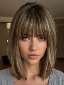Fashion New Short Straight Brown Wigs with Bangs and Highlights, Synthetic Women's Wigs for Ordinary Work, Life, Dance Parties and All Occasions, Daily Wear Wig