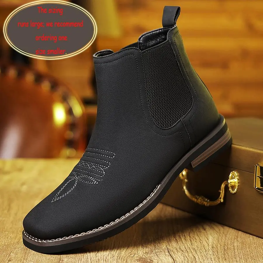 CYUW Men’s Western Cowboy Boots – square-toe Chelsea ankle boots, work boots; casual, vintage, fashionable, classic, comfortable, versatile; available in khaki and black; outdoor casual closed-toe style