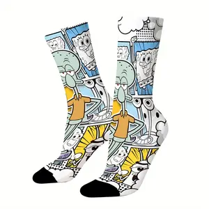 Mid-calf socks with humorous cartoon backgrounds featuring Squidward, SpongeBob, Patrick, and Mr. Krabs. Durable, unisex, perfect for fans, holiday gifts, and birthday presents.