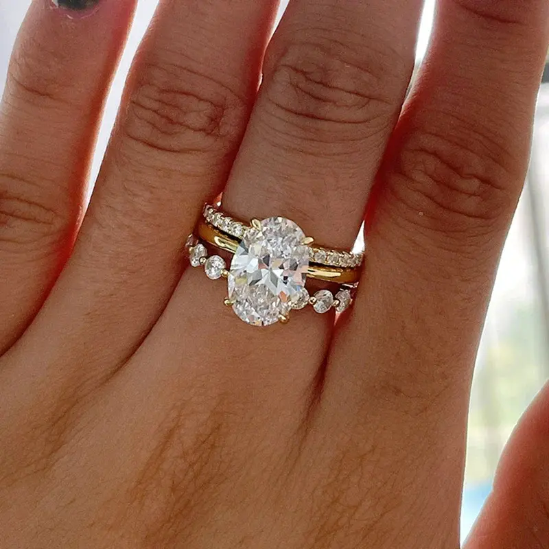8*12 Oval Shaped Zircon Engagement Ring Set in 925 Silver Three Pieces Combination Ring Valentines Day Gift